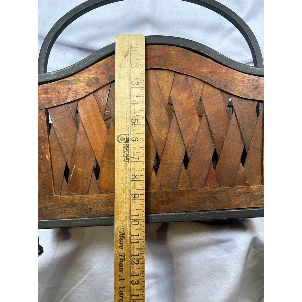 Rustic Wood & Metal Magazine Rack Holder Basket Woven Slat Farmhouse Organizer